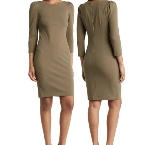 Calvin Klein Sheath Dress Size 4 Olive Green Color Stretch Full Zip - Picture 1 of 13